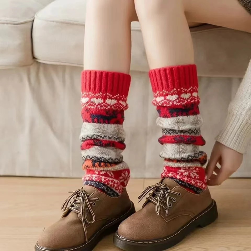 

2026 Winter Knitted Leg Warmers for Women Girls Christmas Snowflake Pattern Wool Boot Covers Warm Socks Foot Cover Accessory