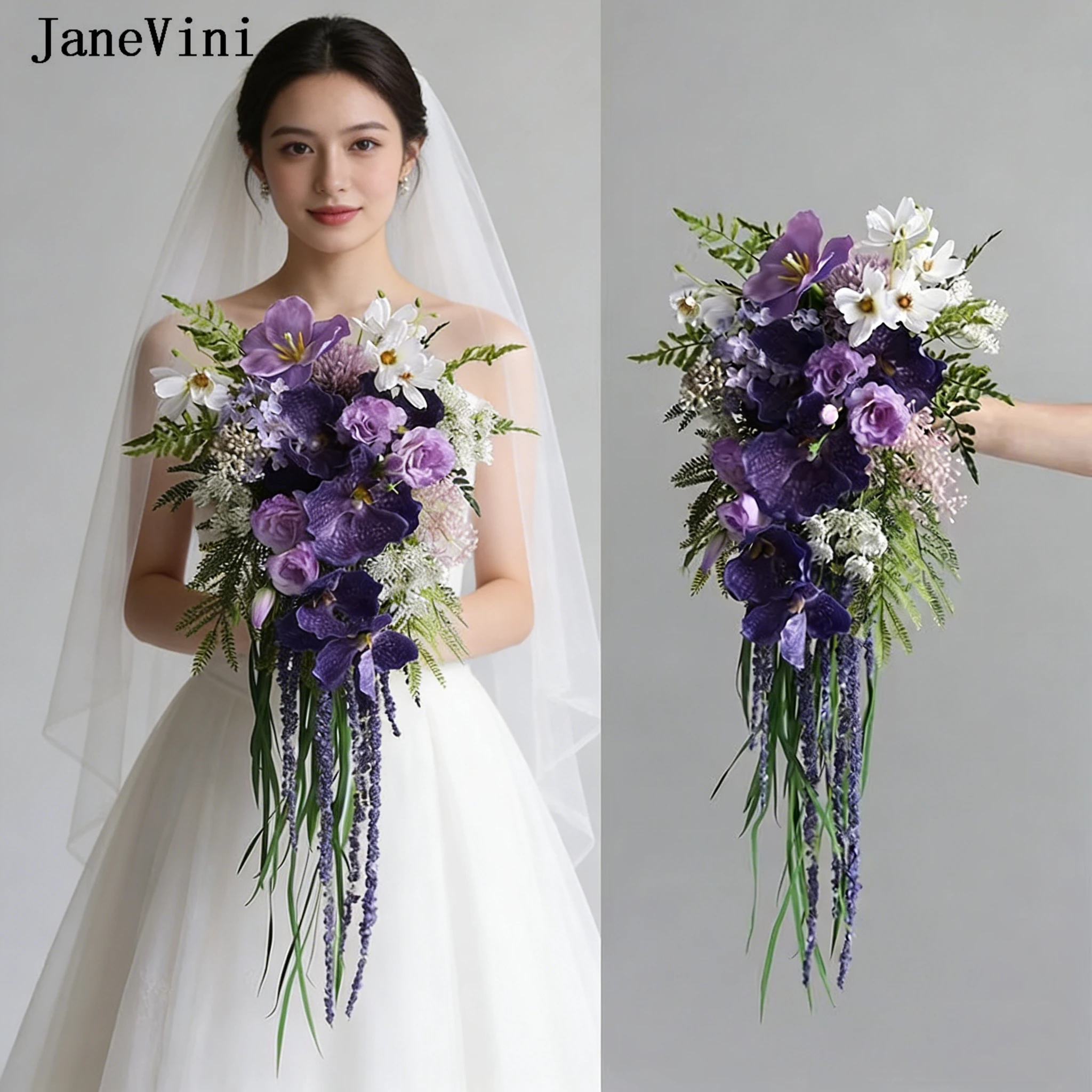 

JaneVini Luxury Purple Waterfall Bridal Bouquets Wedding Flowers Artificial Silk Roses Butterfly Orchid Cascading Bride Bouquet