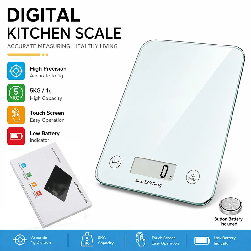 5kg/1g high-precision scale, glass panel, wear-resistant and scratchproof, home digital scale (with button battery)
