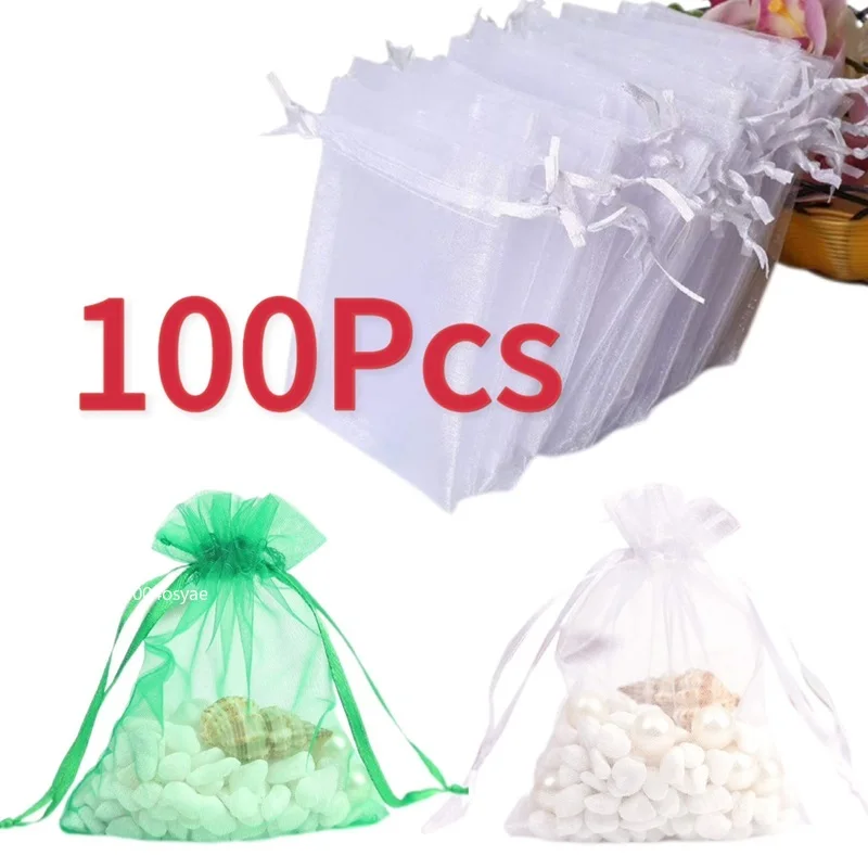 50/100PCS/lot Candy Christmas Favor Jewelry Packing Organza Sachet White Pouches Wedding Gift Bags Drawstring  Gift Pocket