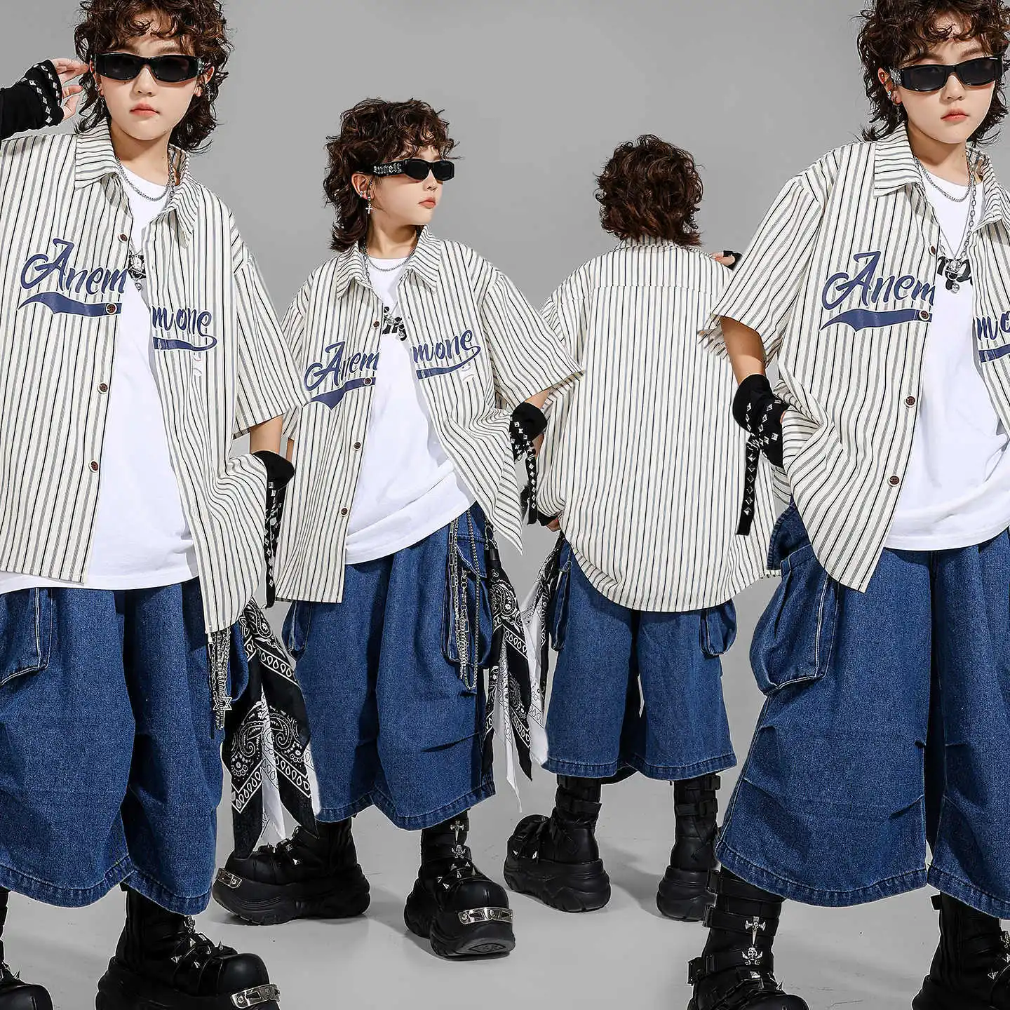 

Kid Kpop Hip Hop Clothing Apricot Striped Shirt Top Denim Blue Parachute Cargo Jeans Shorts for Girls Boys Dance Costume Clothes