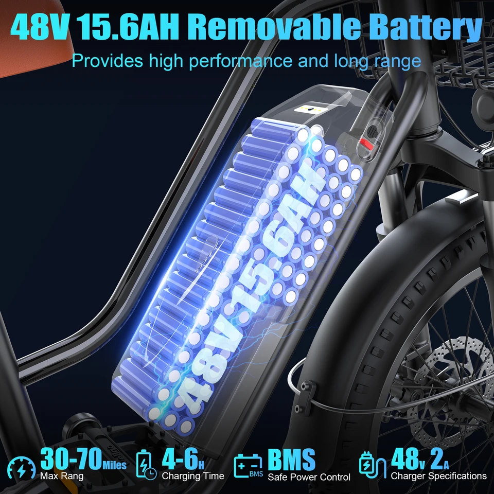 LoonFat T20 Black Adult Ebike 1000W Motor 25 MPH Speed Limiter 48V 15.6Ah Lithium Battery 170 Lbs Max Load Cable Brakes image 5
