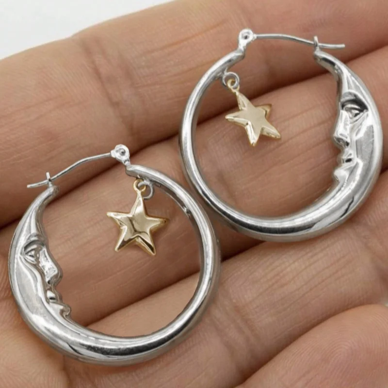 2 piezas Vintage Luna Estrellas Boho Metal Color plata Pendientes de color dorado Pendientes de aro