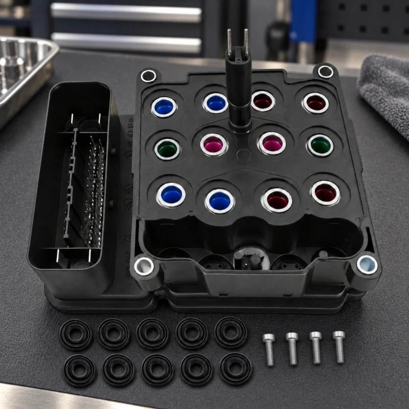 68295368AA Anti-Lock Brake Control Module with Metal-Lined Ports, Color-Coded Inserts, and Four Corner Mounting Points for 1500