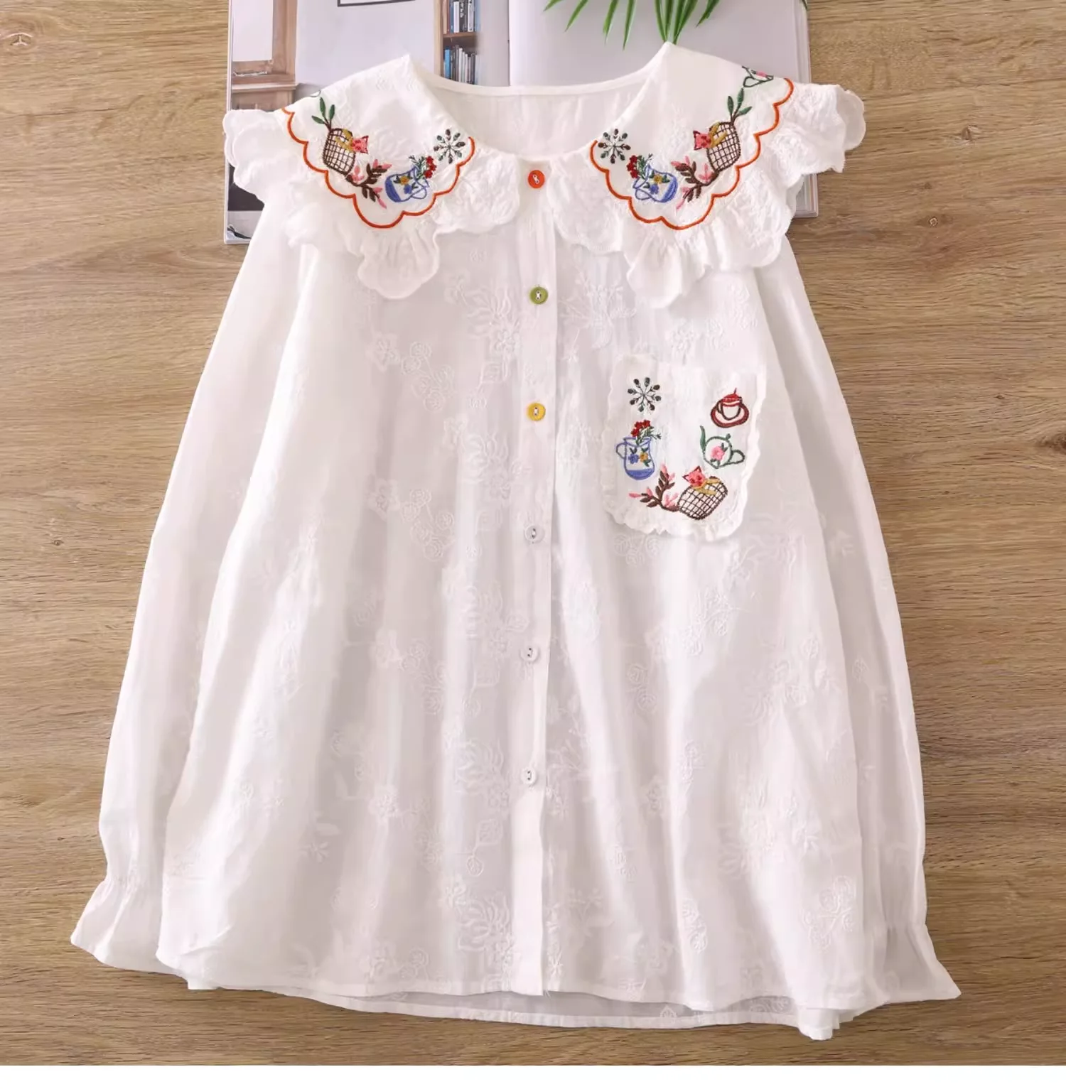 Japan Style Mori Girl Kawaii Cotton Long Sleeve Shirt Women Cartoon Embroidered White Beige Blouses Autumn Lolita Cute Clothes