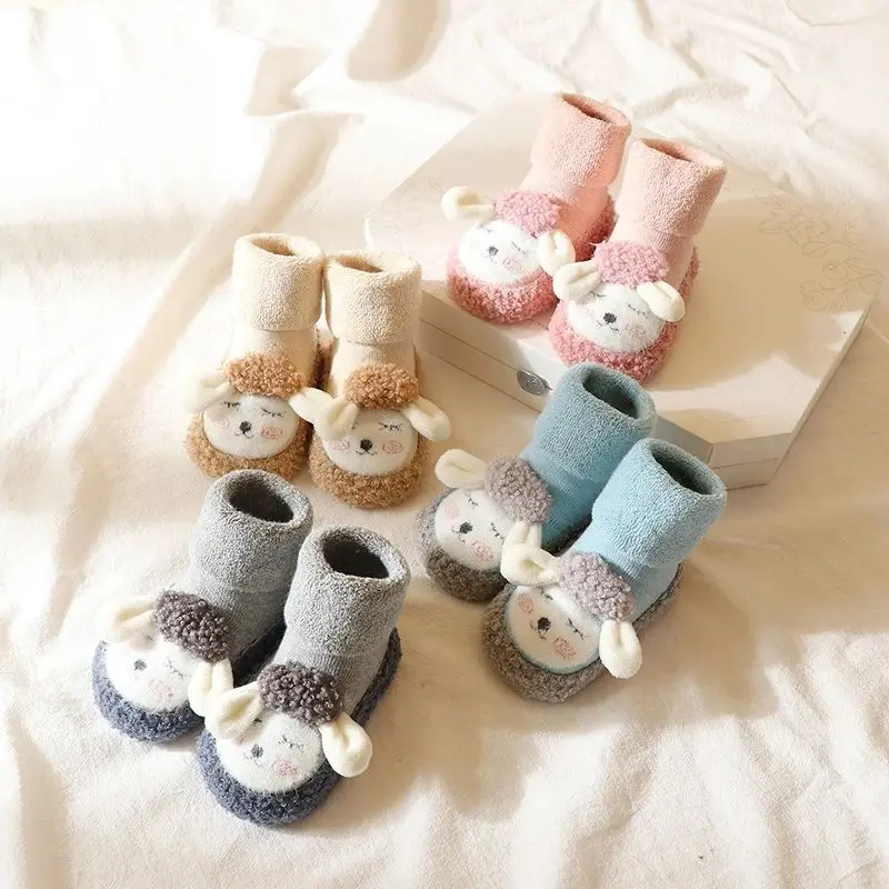 0-2Y Baby Boys Girls Winter Warm First Walker Infant Thickened Loop Cute Lamb Tube Socks Soft Sole Toddler Non-Slip Floor Shoes