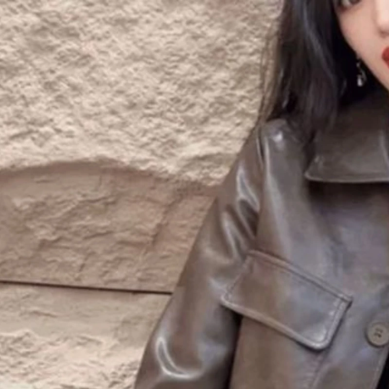 Primavera e outono feminino casaco superior jaqueta retro curto jaqueta de couro cor sólida simples confortável high-end macio versátil fino
