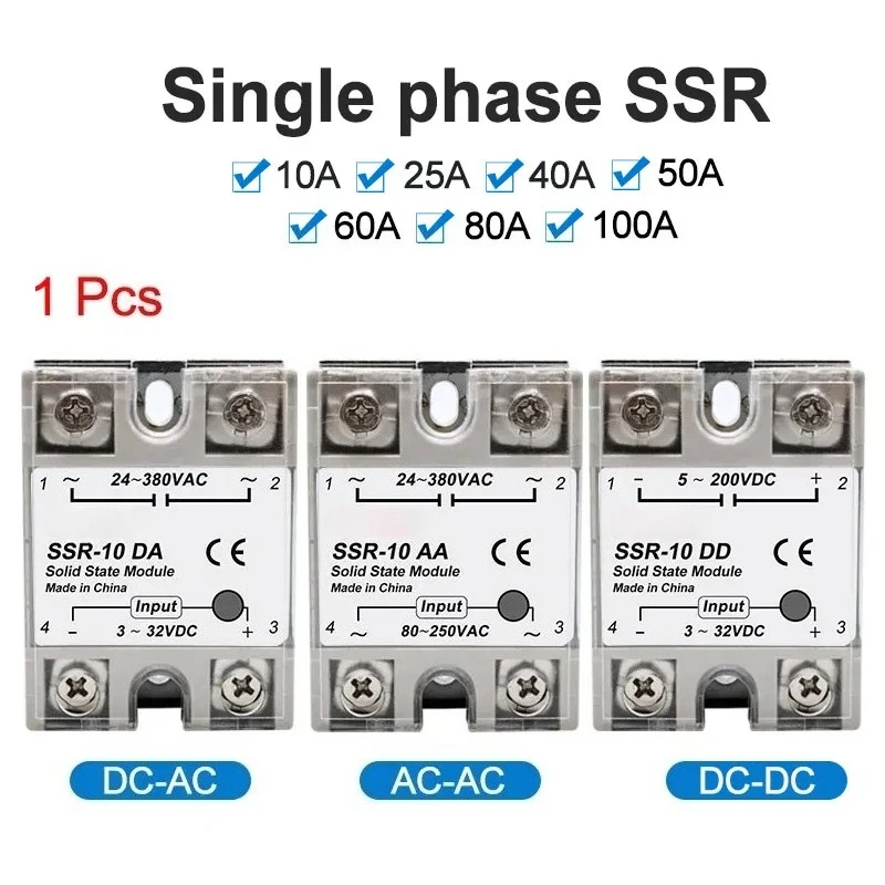 1pcs Solid State Relay Single Phase Non-contact SSR DC To DC AC To AC DC To AC 24-380VAC 10A 25A 40A 50A 60A 80A 100A