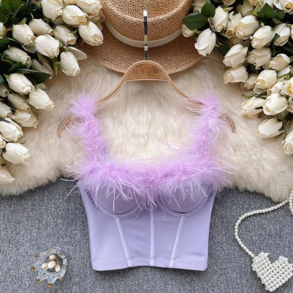 Top sin mangas de plumas para mujer, corpiño con corsé Vintage, camisola coreana, Top corto elegante, Top básico de verano para fiesta, Top dulce Y2k