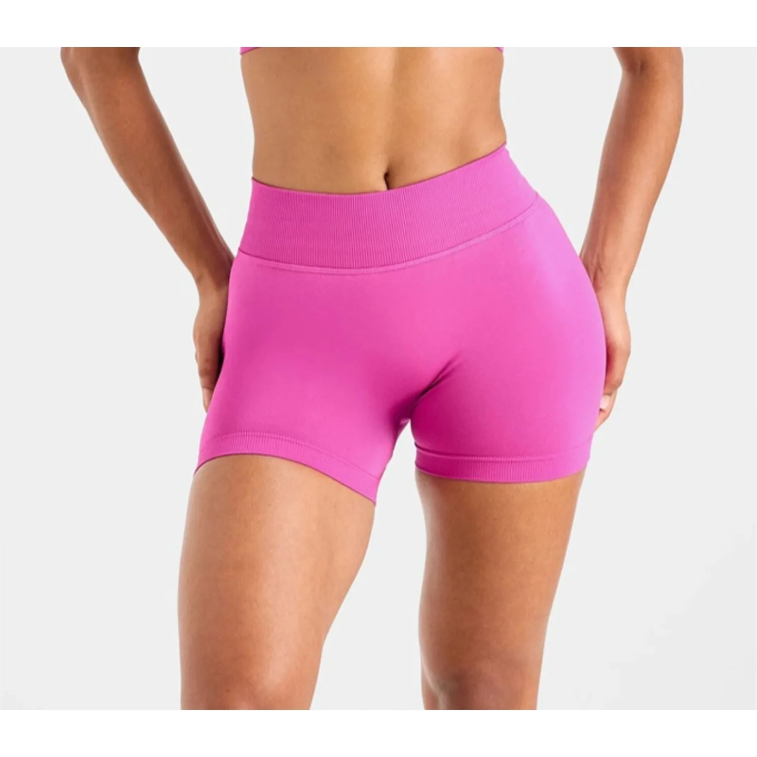 กางเกงขาสั้นออกกำลังกายผู้หญิงไร้ตะเข็บ สีพื้น ผ้าถัก เอวสูง กระชับสะโพก ระบายอากาศได้ดี กางเกงกีฬา ฟิตเนส วิ่ง เลกกิ้ง