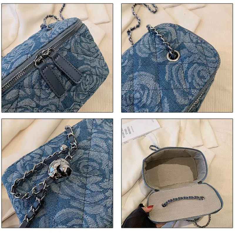 Bolsa ajustável com aba quadrada para mulheres, Flora Demin Box Shaped, corrente ajustável, bolsa de ombro para meninas, nova moda