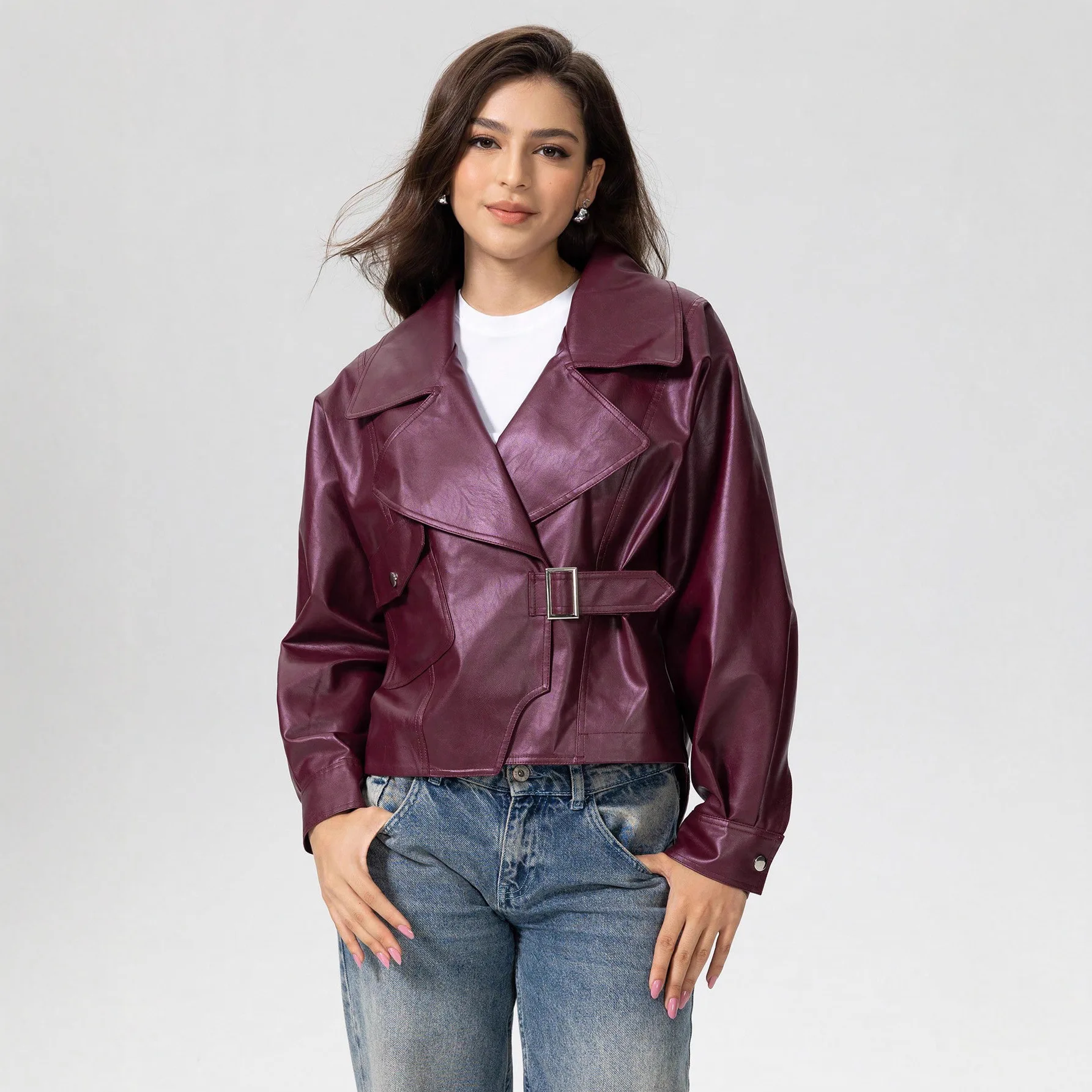 

Women's Wine Red PU Leather Jacket with Large Lapel And Metal Buckle Waist Motorcycle Style Short Coat