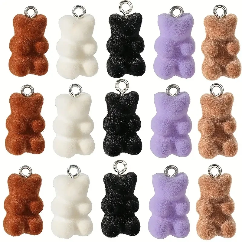 10pcs/lot Mixed Color Double-sided Flocked Plush Charms, Bear Resin Pendant, DIY Necklace Keychain For Jewelry Making Accessorie