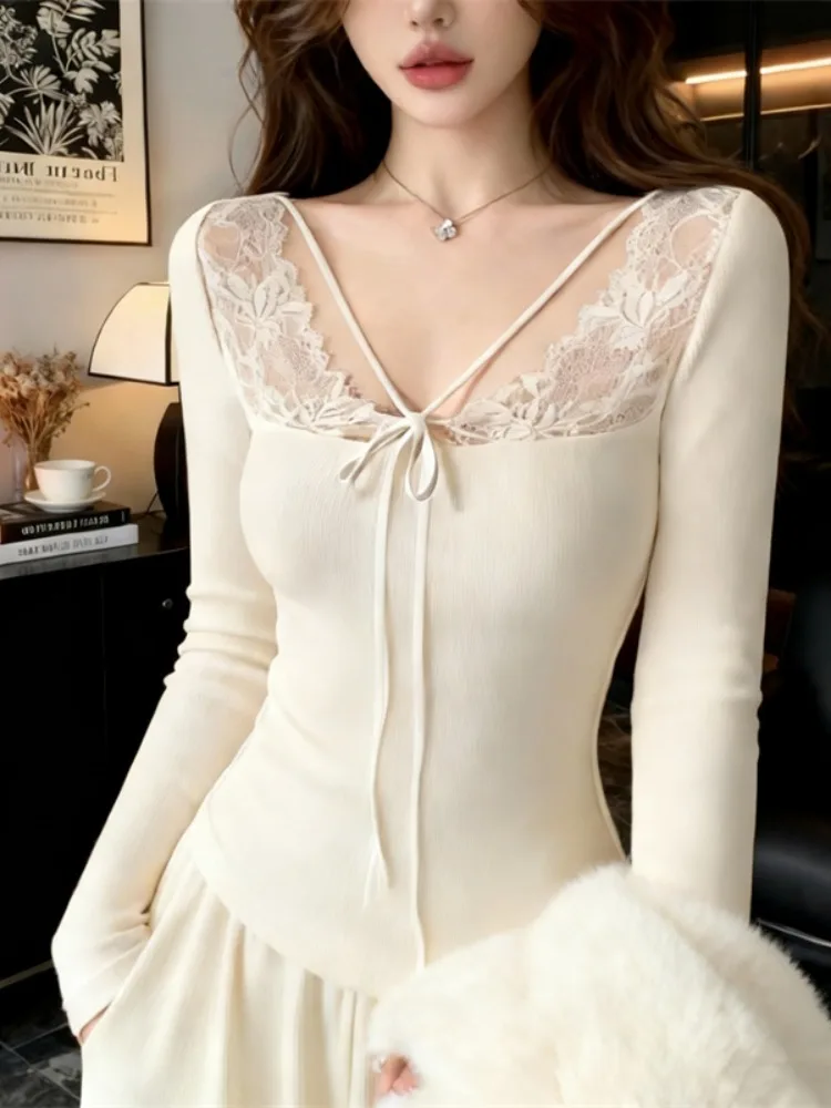 เสื้อชั้นในผู้หญิงแบบมีลูกไม้ สำหรับฤดูใบไม้ร่วงและฤดูหนาว เนื้อผ้านุ่มฟู คอวี แบบตาข่าย สไตล์ลำลอง ทรงพอดีตัว