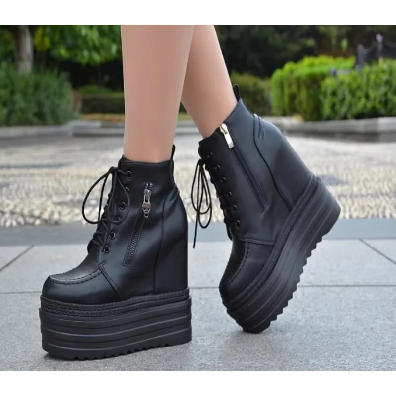 

15CM Sky-high Platform Platform Shoes Autumn and Winter Ultra-high Heels Women's Short Boots Inside Elevating Wedge Heels q