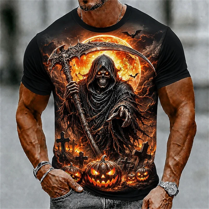 Men Short Sleeve T‑Shirt Round Neck Halloween Grim Reaper Pumpkin Bat Graphic Casual Party Street Tops