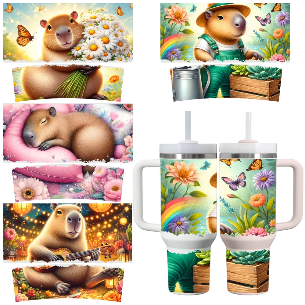 4 Sheets Capybara Flowers Rainbow Butterflies Garden Music Lanterns UV DTF Stickers for 40oz Tumblers Coffee Mug Decoration