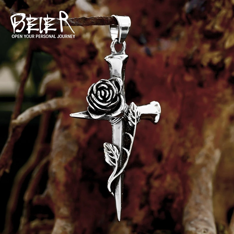 BEIER 2023 New Arrival 316L Stainless Steel Nail Cross Rose Pendant High Polished Men\'s Pendant Romantic Jewelry Gift