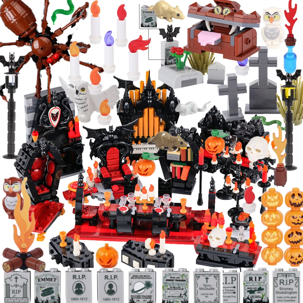 

MOC Halloween Building Blocks Model Decorations Medieval Witches Vampires Thrones Kitchen Street Lamps Tombstones Toy Gift S025