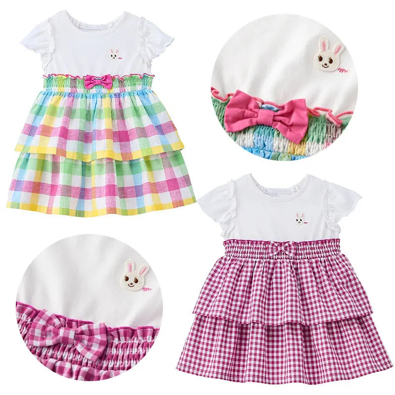 

Юбка для девочек, летнее новое платье с короткими рукавами и милым кроликом с вышитым бантом и буквами