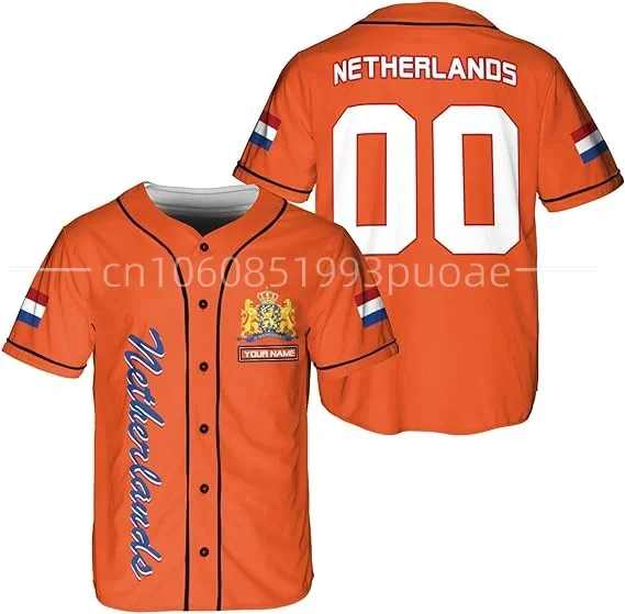 Netherlands Baseball Jersey Shirt 3D Print Mesh Custom Name Baseball Shirt Men's Street Oversize Apparel Short Sleeve Sportswear