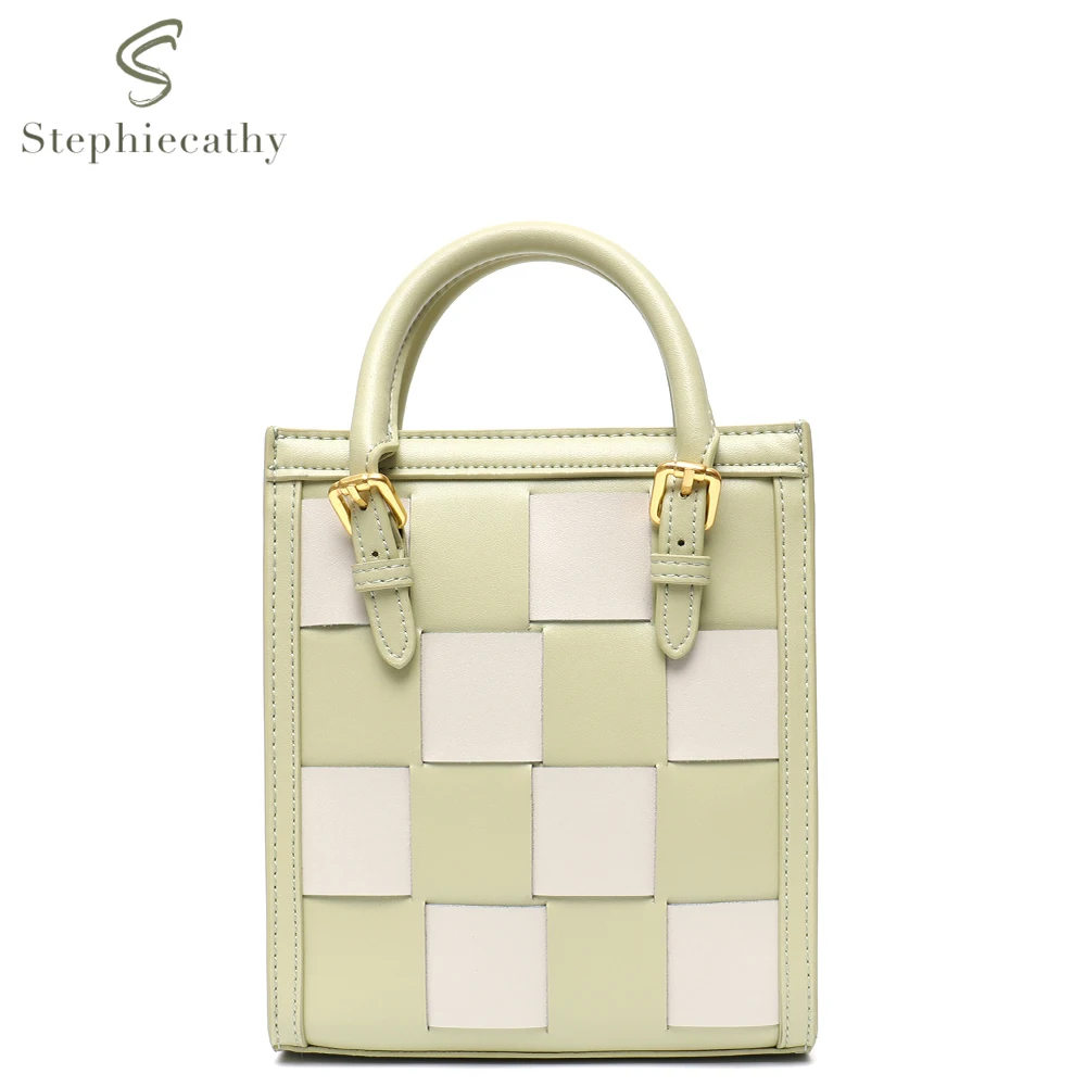 

SC Fashion Contrast Color Handbags Women Genuine Leather Handmade Woven Top-handle Bags Summer Style Crossbody Shoulder Purses