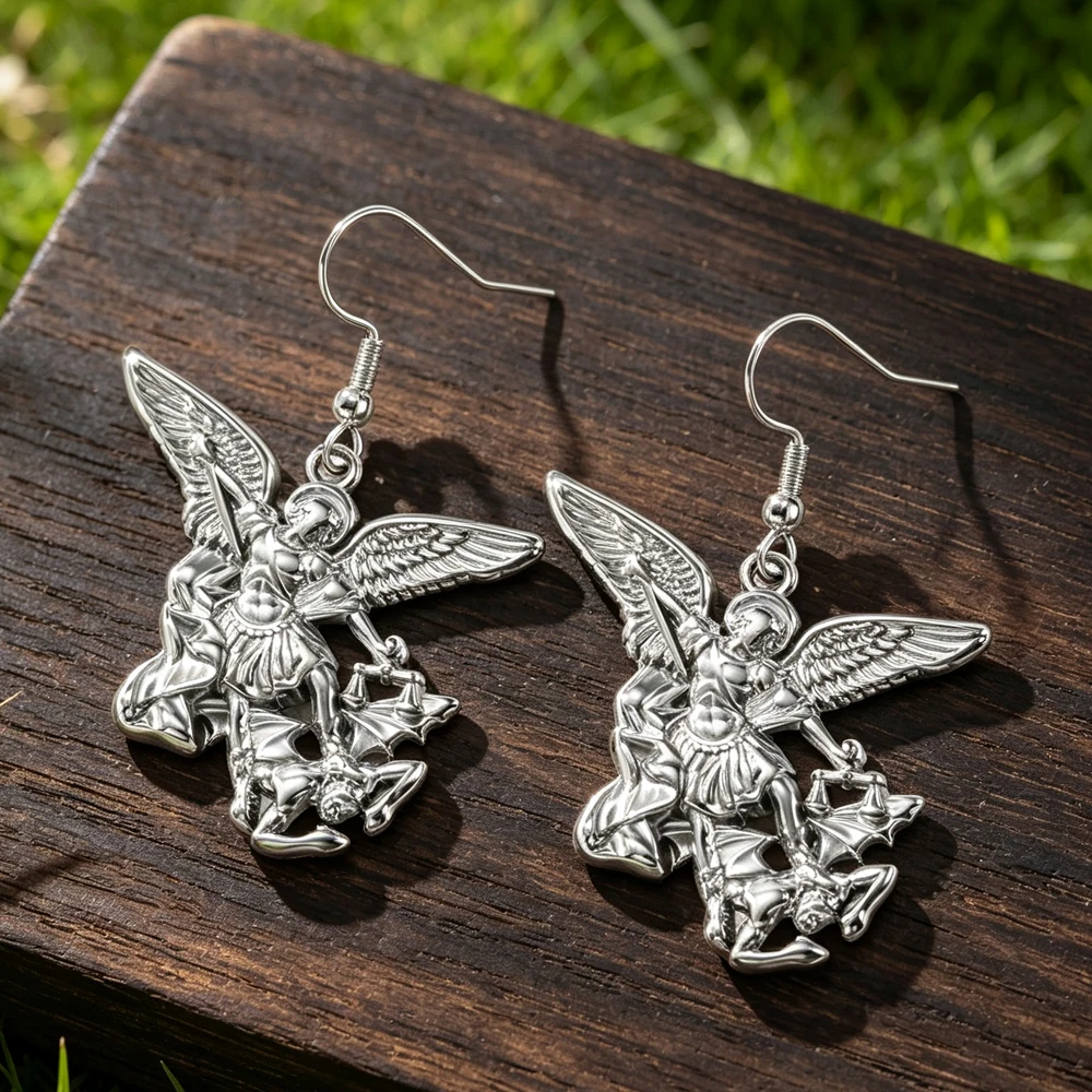 Patron Saint Michael Dangle Earrings Religious Protection Talisman Archangel Pendant Stainless Steel Jewelry Catholic Gift