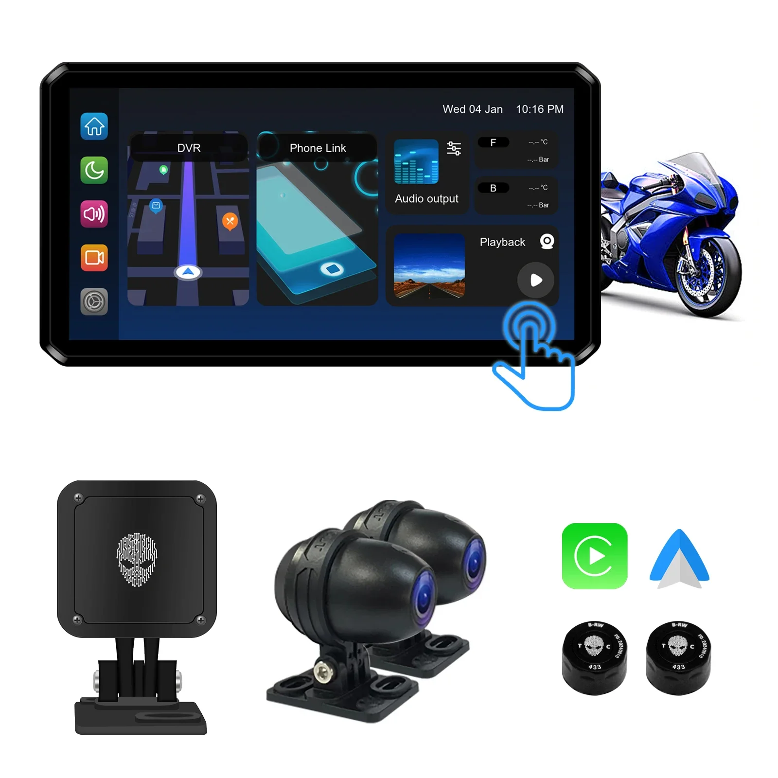 AlienRider M2 Pro Motorcycle CarPlay Navigation Android Auto Dual Recording Dash Cam With 6 Inch Touch Screen 77GHz Radar BSD