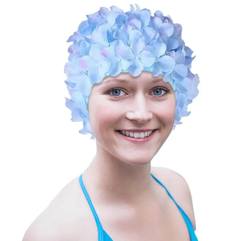 Chapéu de esportes aquáticos com flor 3d, touca de banho respirável para natação, cabelo longo e macio, chapéu de surf, proteção para os ouvidos, acessórios confortáveis para piscina