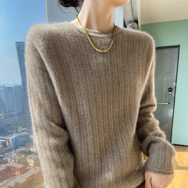 Sweater wol wanita rajut leher bulat, baju dasar mode pas badan, atasan longgar, barang baru musim gugur dan musim dingin, Pullover rajut leher bulat, pakaian wanita 100%