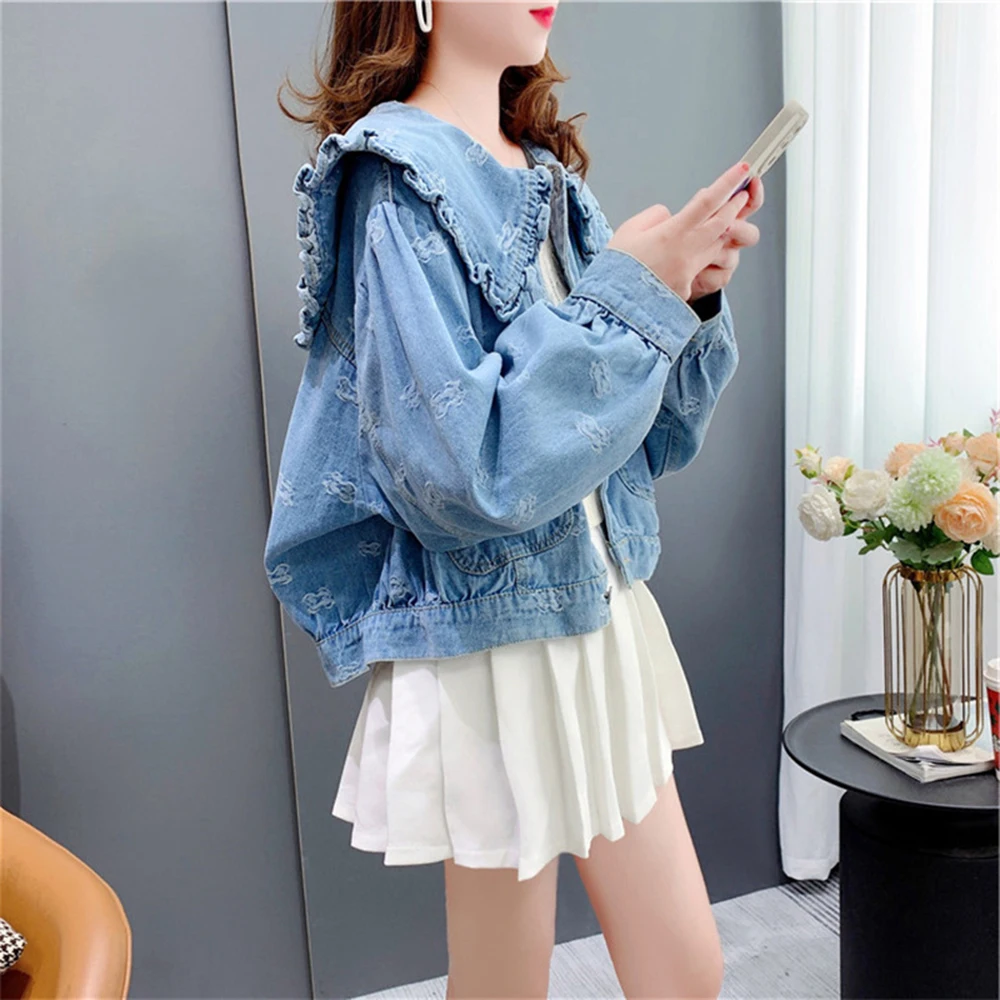 Korean Style Sweet Ruffles Women\'s Short Denim Jacket Ladies Peter Pan Collar Retro Jean Coat For Women Long Sleeve Outwear Tops