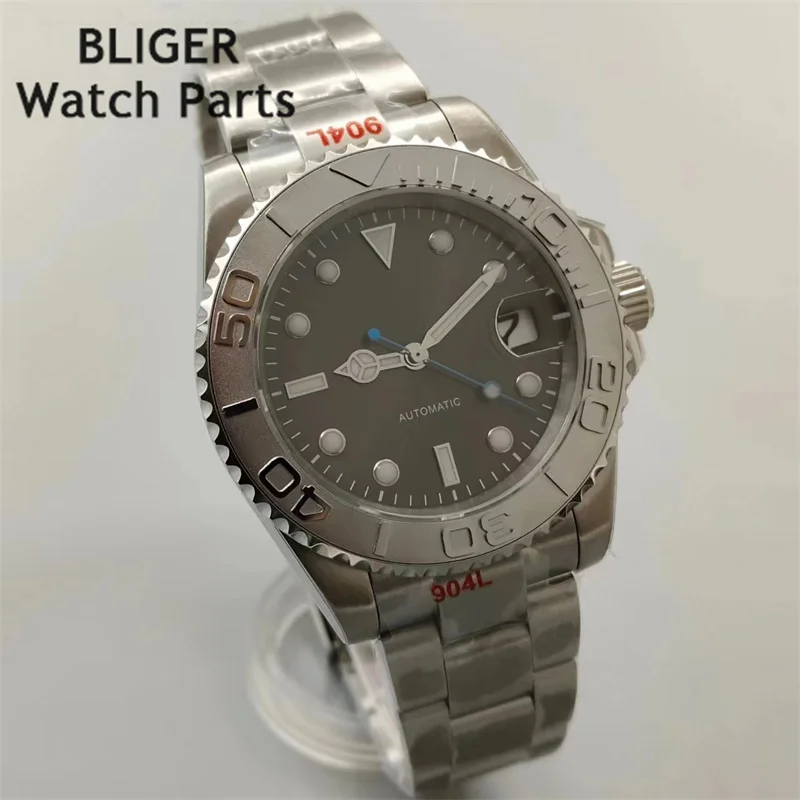 BLIGER 40mm NH35 Watch For Men Silver Insert Sunburst Gray Dial Blue Second Hand Sapphire Glass Oyster Bracelet Waterproof Date