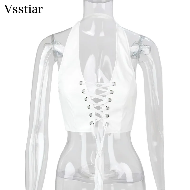 Vsstiar New Fashion Leather PU Women Vest Sexy V Neck Backless Halter Crop Top Summer Lace Up Party Clubwear Tanks Black White