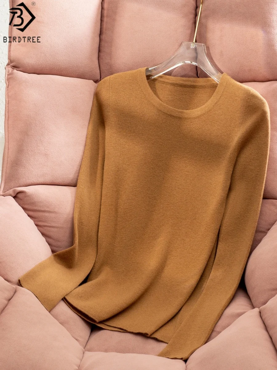 

Birdtree 100% Sheep Wool Elegant Base Sweater,Woman Seamless O-neck Full Sleeve Solid Color Knit Tops,2025 Autumn T58210JF