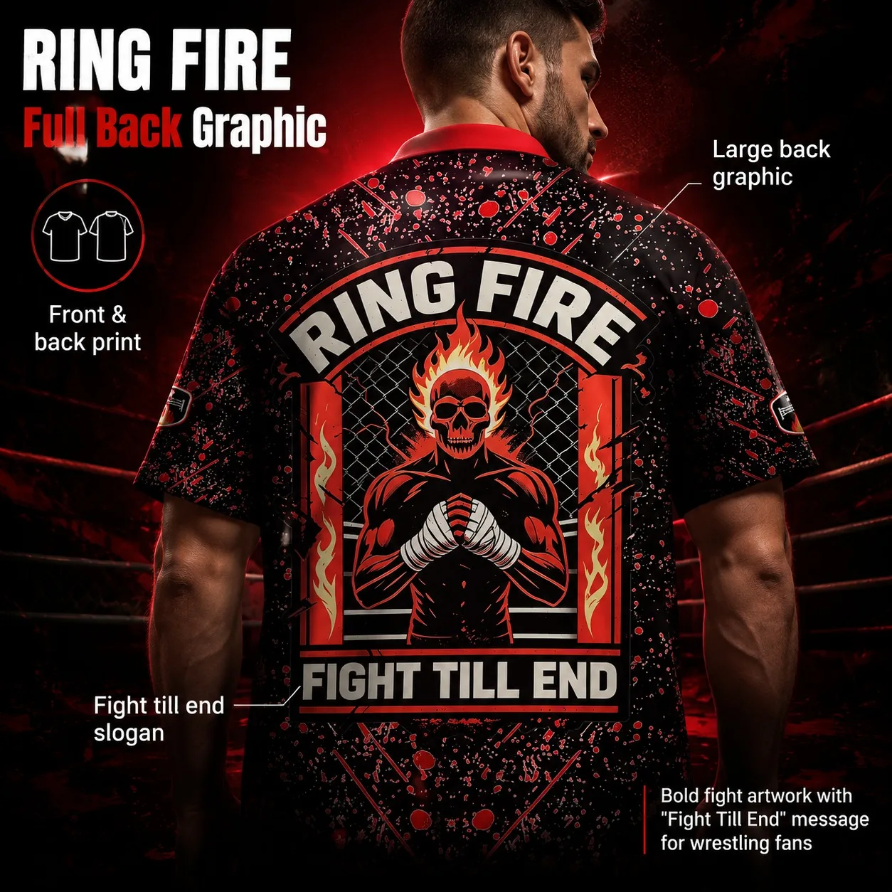 Double Sided Ring Fire Wrestling Suit V-neck Loose Oversized Off shoulder Flame Skull Print Never Yielding Sports T-shirt