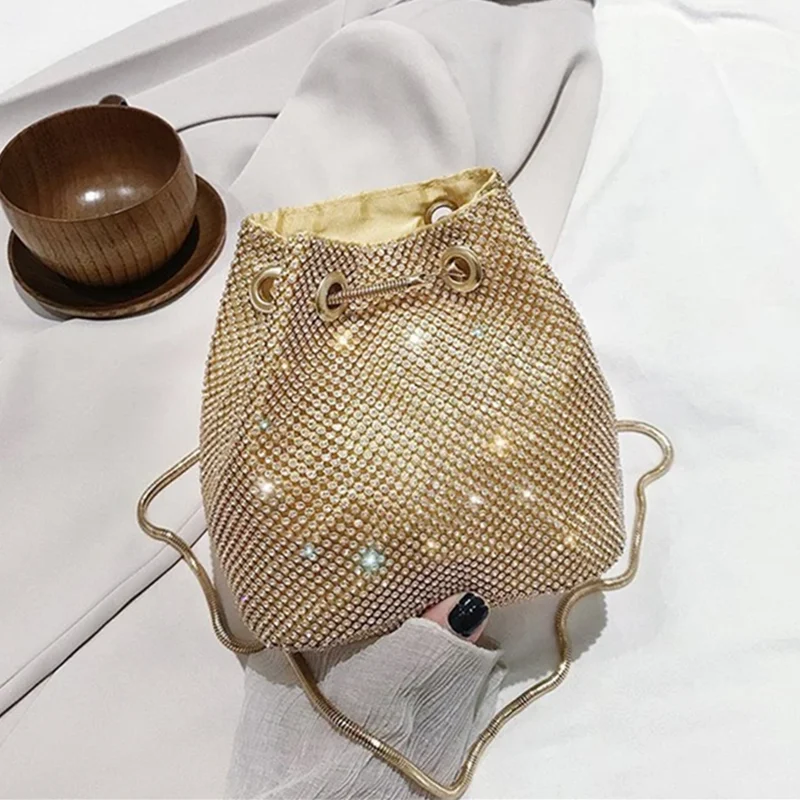Luxury Rhinestone Women Drawstring Evening Bag Large Capacity Female Party Purse Bucket Tote Bag Dinner Wedding Clutch Handbag