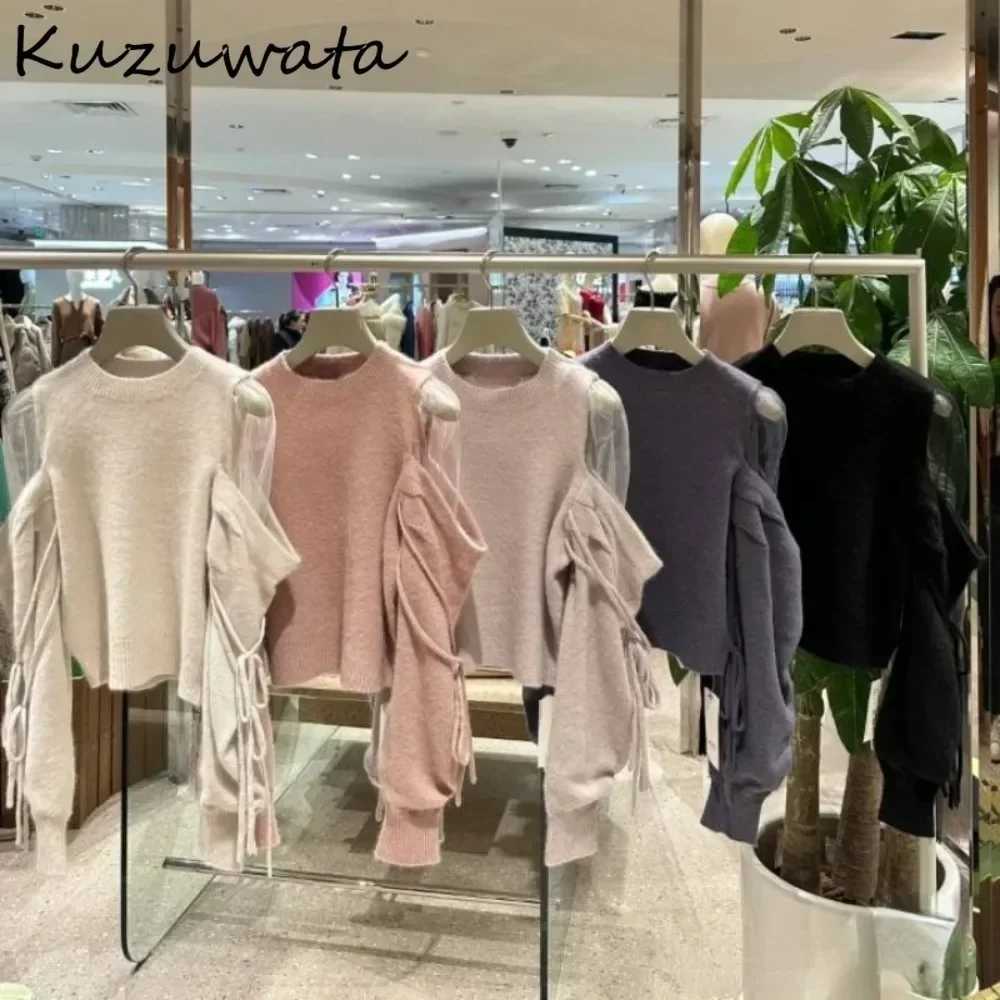 Kuzuwata Sweet O Neck Long Sleeve Solid Jumper Off Shoulder Patchwork Voile Elegant Pullovers Japan Moda Lace Up Knit Sweaters