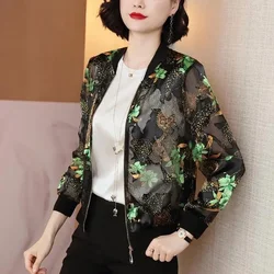 Green Flower Chiffion Sun Protection Women'S Clothes Spring Summer Zipper Baseball Jacket Coat Outwear Women Fashion Jacket A136