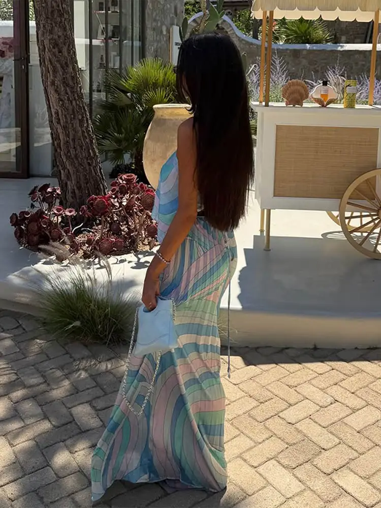 Bedruckte Neckholder-Crop-Tops und Weite Hosen Sets für Damen, Sexy Ärmellose Rückenfreie Oberteile, Plissierte Hosen, Schicke Strandmode, Neu – Detail 23