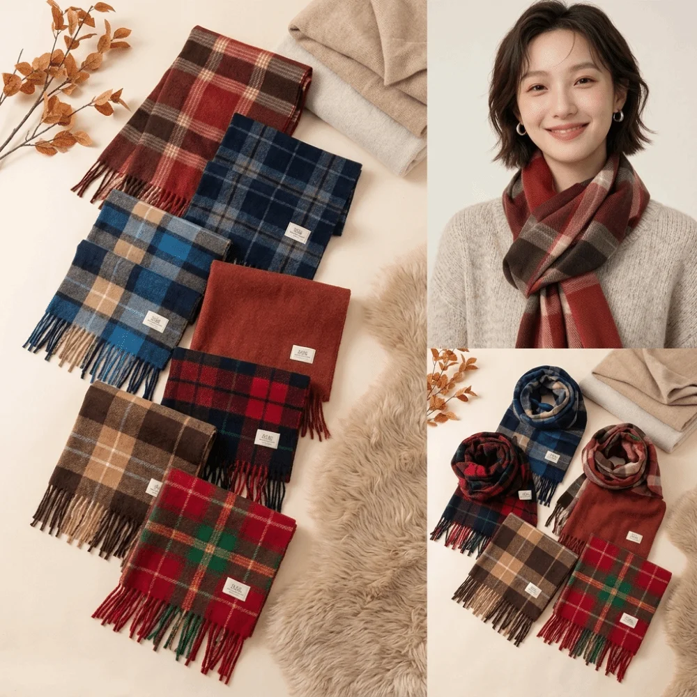 Atmosphere Soft Plaid Scarf Cozy Lightweight Faux Cashmere Scarf Warm Neck Warmer Shawl New Year Party