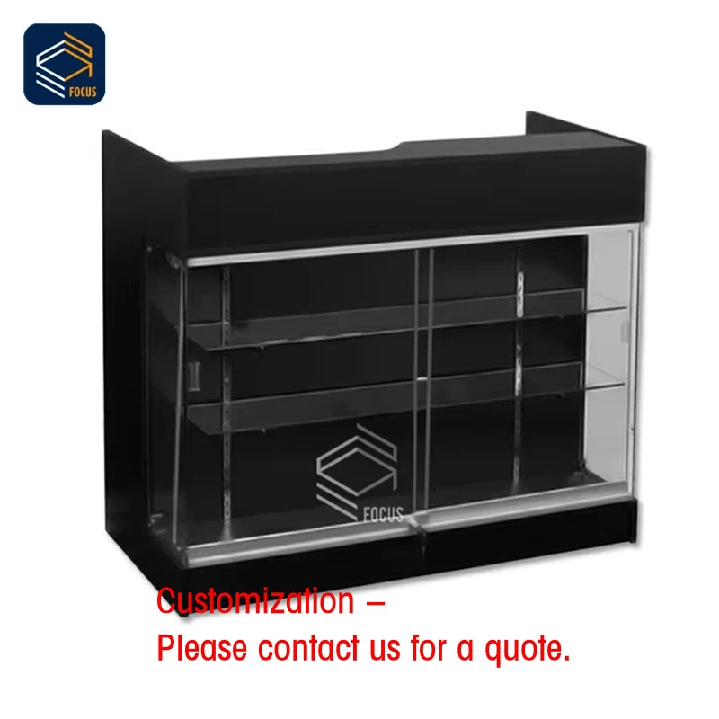 

custom.Retail Display Showcase Black Glass Cabinet Lockable Glass with Shelves and Counter