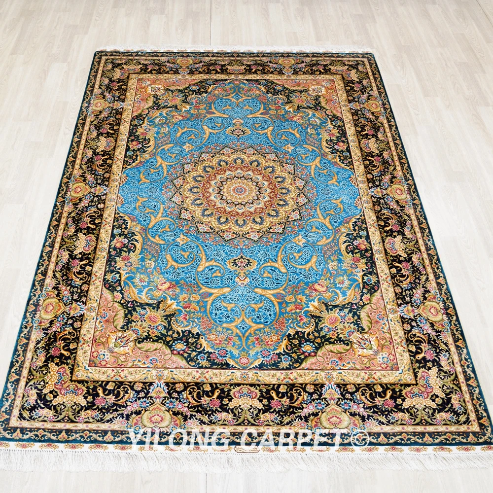 6'x9' Persian Silk Blue Carpet Hand Knotted Turkish Oriental Medallion Rug (ZQG689A)