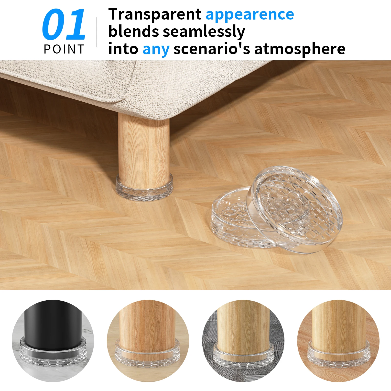 4PCS 1.6Inch Non-Skid Furniture Caster Cups Transpareant Rubber Furniture Wheel Stoppers Silent to Protect Hardwood  Floors
