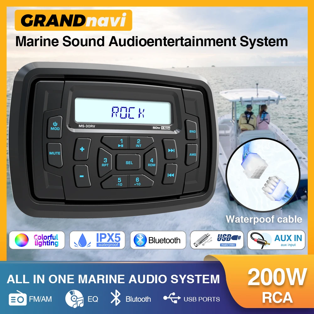 GRANDnavi Marine Stereo Boat Radio Waterproof Bluetooth FM AM Digital Media Audio Player For Yacht Gauge ATV UTV Cart Motorcycle