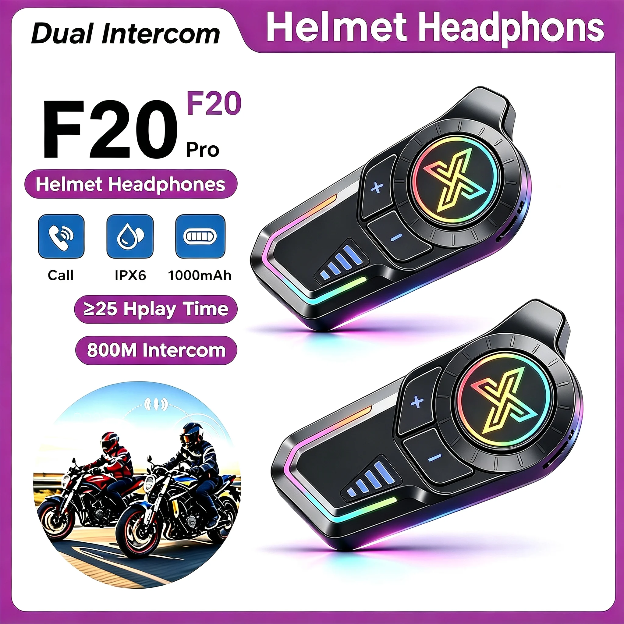 YUMES F20 Pro Motorcycle Helmet Bluetooth Headset, 800M Two‑Person Intercom, IP67 Waterproof, Hands‑Free Call, Music Sharing