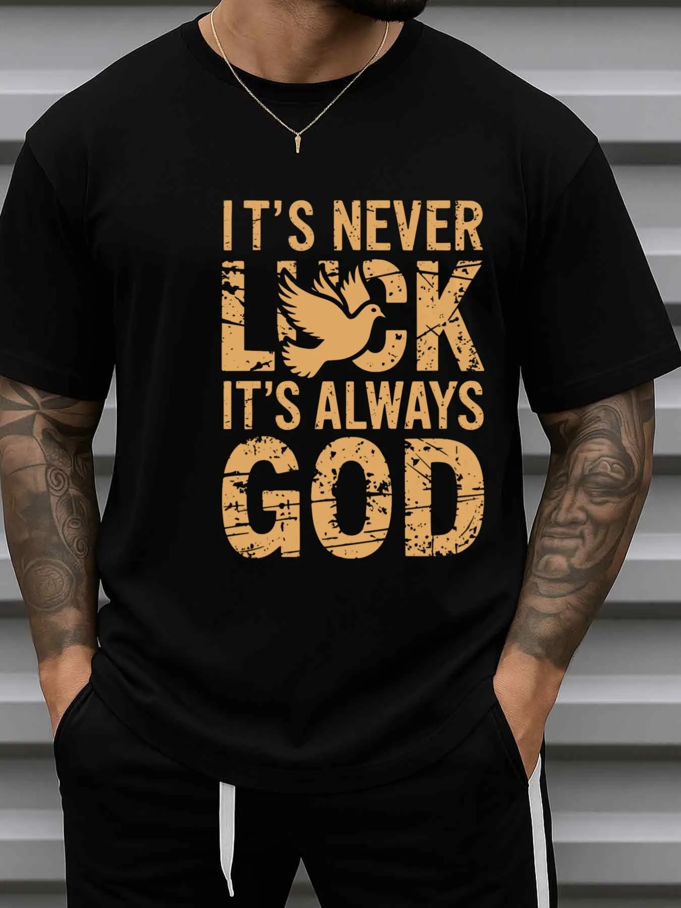 Men's 180g Pure Cotton T-Shirt with Lucky God Print, Black Religious Short-Sleeve Shirt, Casual Everyday Wear for Church, Comfortable Fit for All Seasons