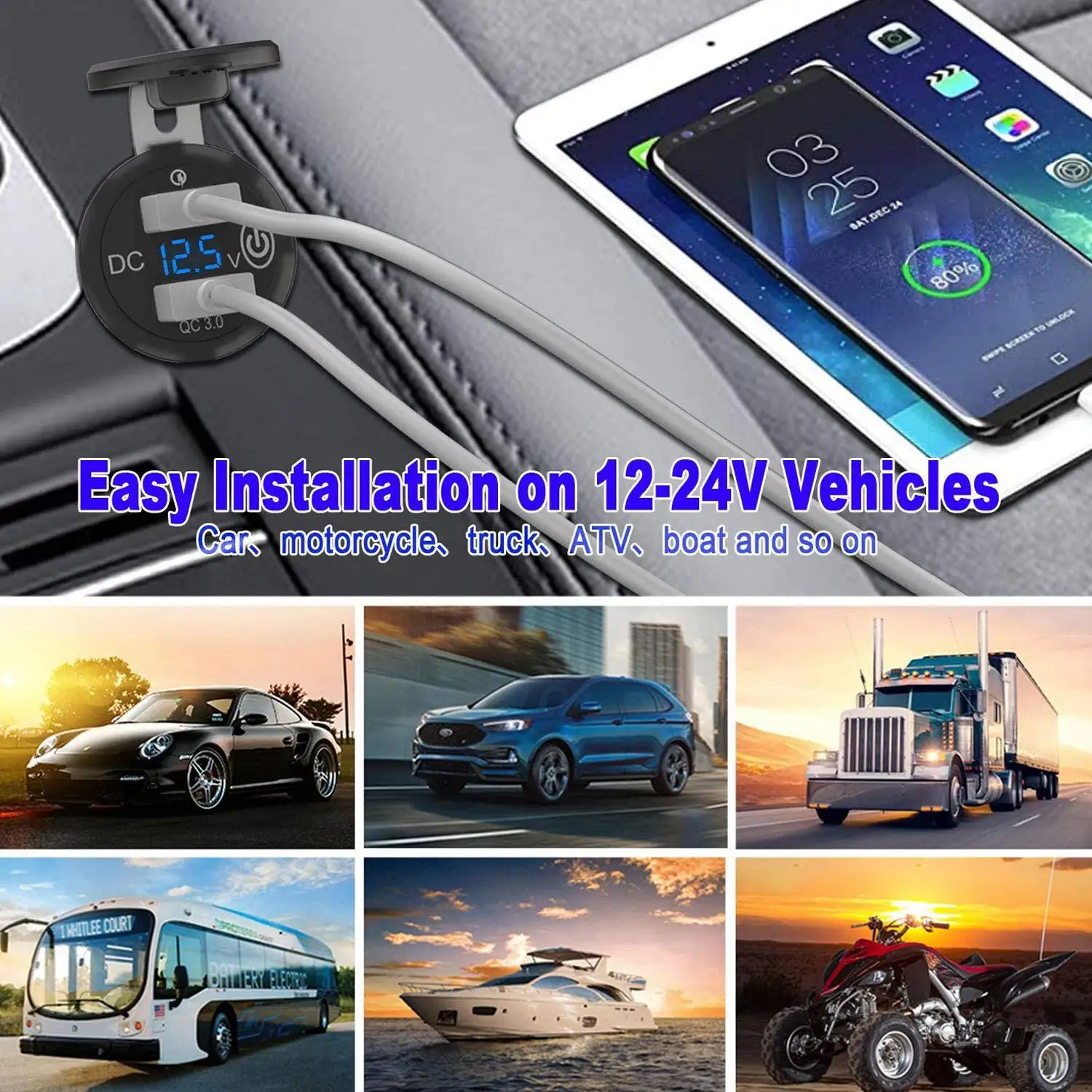 AB96-12V USB Outlet, Quick Charge 3.0 Dual USB Car With Contact Switch And Voltmeter For 12V/24V Motorcycle Car Truck