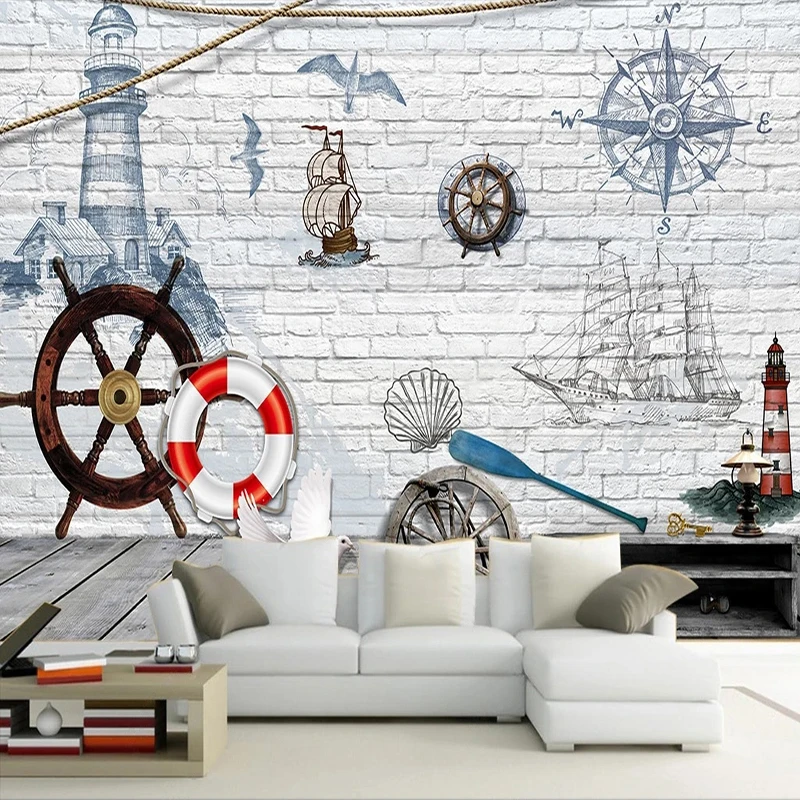 Custom 3D Mural Brick Stone Wall Paper Hand Painting Lighthouse Rudder Wallpaper Mediterranean Style Living Room Wall Decoration