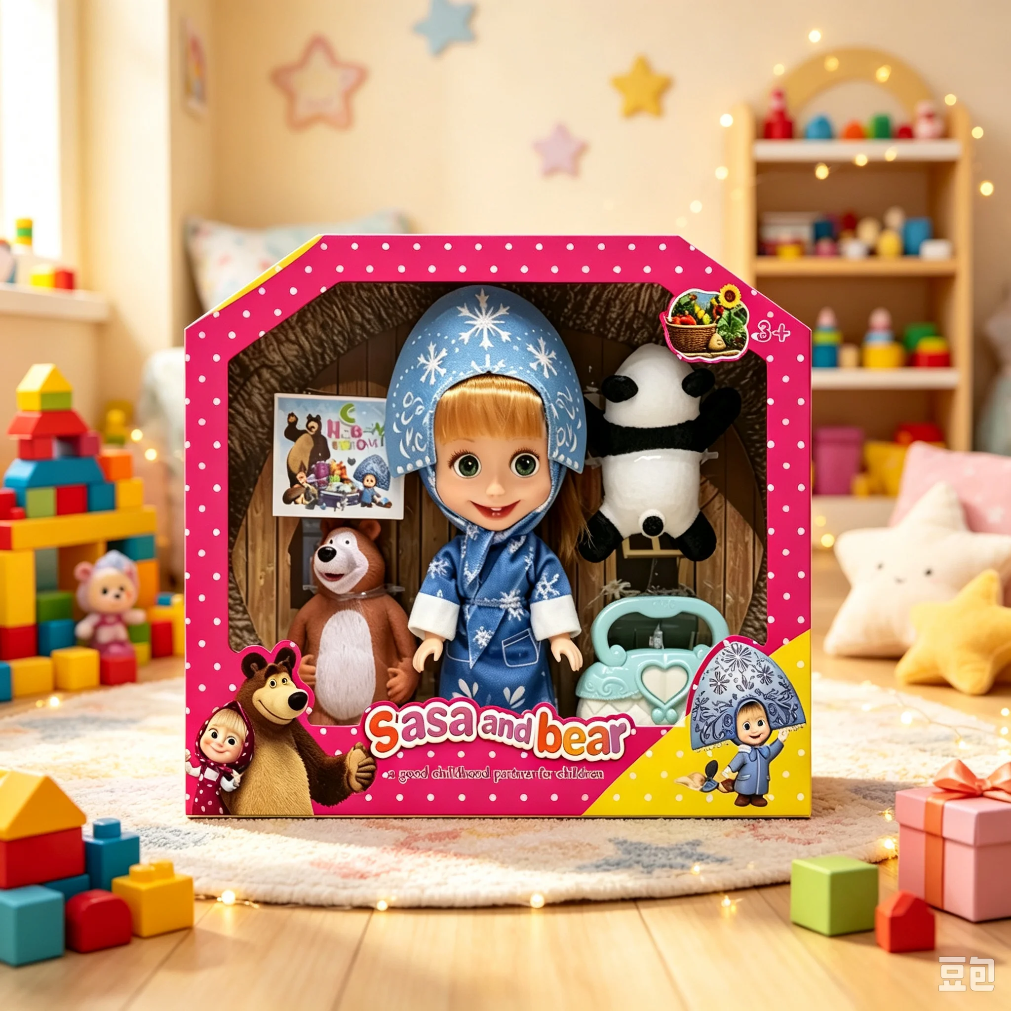 Masha and The Bear Doll 6.5 Inch Cute Pendant 5-Joint 3D Eye Masha Doll with 2 Vinyl Bear Figures Kids Birthday Gift Set