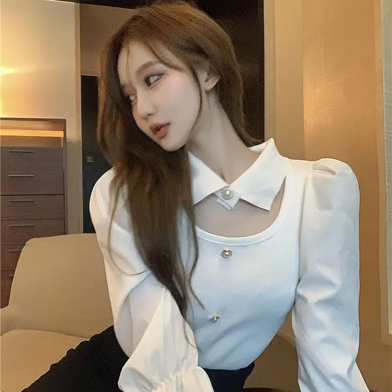 Spring Autumn Simplicity Fashion Patchwork Solid Color Bottoming Shirt Femme All-match Hollow Out Puff Sleeve Pullovers Top Tee